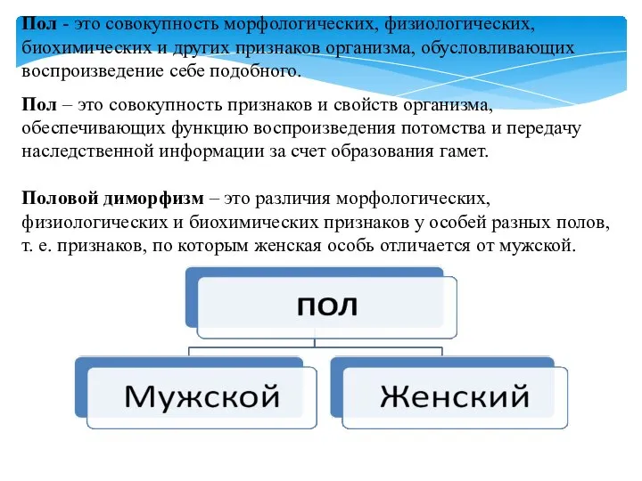 Пол - это совокупность морфологических, физиологических, биохимических и других признаков организма, обусловливающих