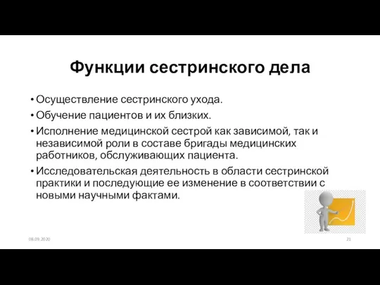 Осуществление сестринского ухода. Обучение пациентов и их близких. Исполнение медицинской сестрой как