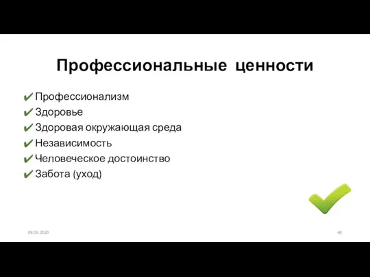 Профессиональные ценности Профессионализм Здоровье Здоровая окружающая среда Независимость Человеческое достоинство Забота (уход) 08.09.2020