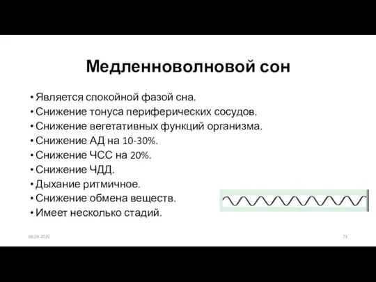 Является спокойной фазой сна. Снижение тонуса периферических сосудов. Снижение вегетативных функций организма.