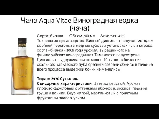 Чача Aqua Vitae Виноградная водка (чача) Сорта: бианка Объем 700 мл Алкоголь