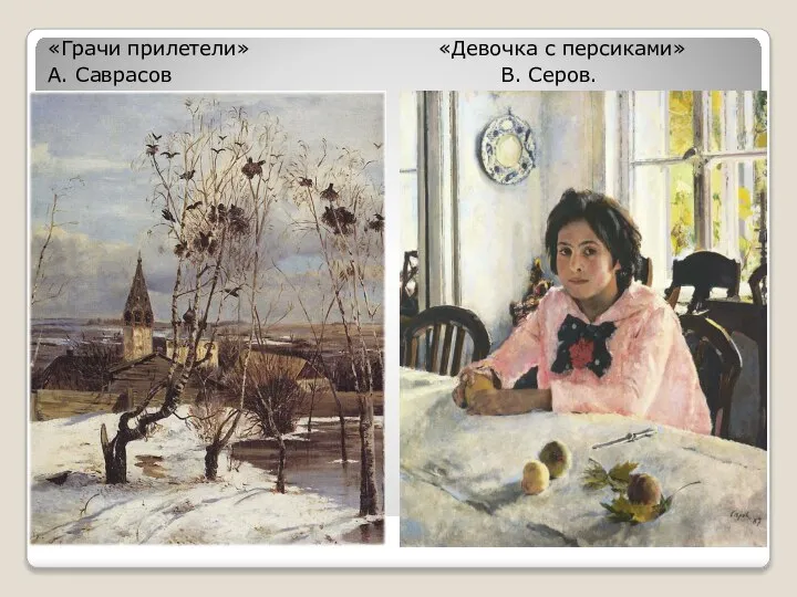 «Грачи прилетели» «Девочка с персиками» А. Саврасов В. Серов.