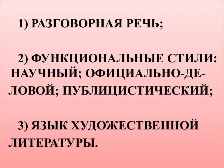 1) РАЗГОВОРНАЯ РЕЧЬ; 2) ФУНКЦИОНАЛЬНЫЕ СТИЛИ: НАУЧНЫЙ; ОФИЦИАЛЬНО-ДЕ- ЛОВОЙ; ПУБЛИЦИСТИЧЕСКИЙ; 3) ЯЗЫК ХУДОЖЕСТВЕННОЙ ЛИТЕРАТУРЫ.