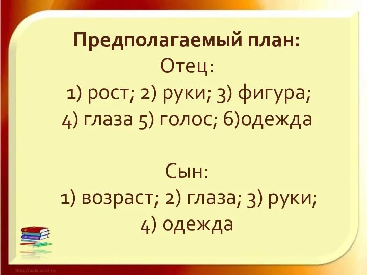 Предполагаемый план: Отец: 1) рост; 2) руки; 3) фигура; 4) глаза 5)