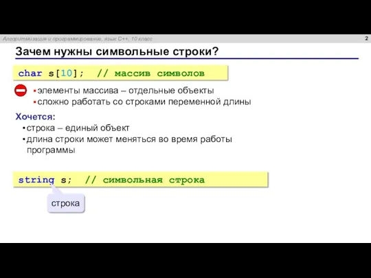 Зачем нужны символьные строки? char s[10]; // массив символов элементы массива –