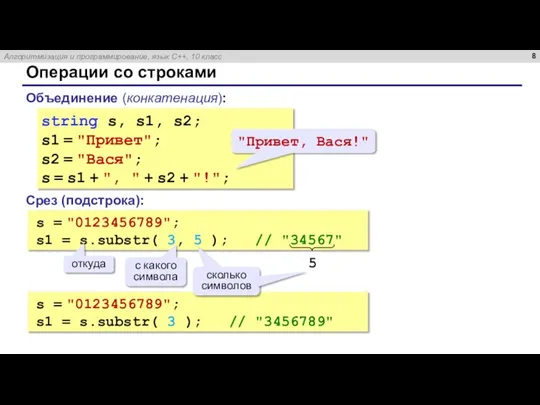 s = "0123456789"; s1 = s.substr( 3 ); // "3456789" Операции со