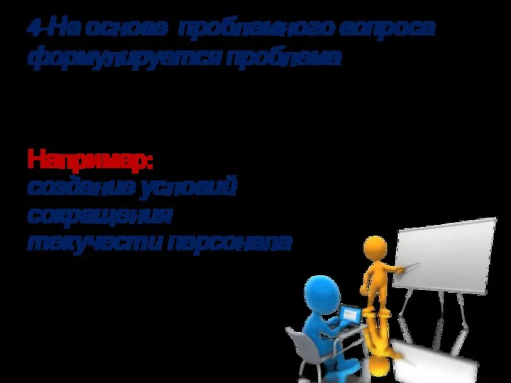 4-На основе проблемного вопроса формулируется проблема Например: создание условий сокращения текучести персонала