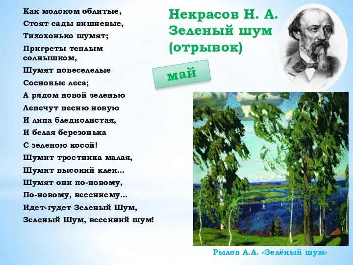 Некрасов Н. А. Зеленый шум (отрывок) Как молоком облитые, Стоят сады вишневые,