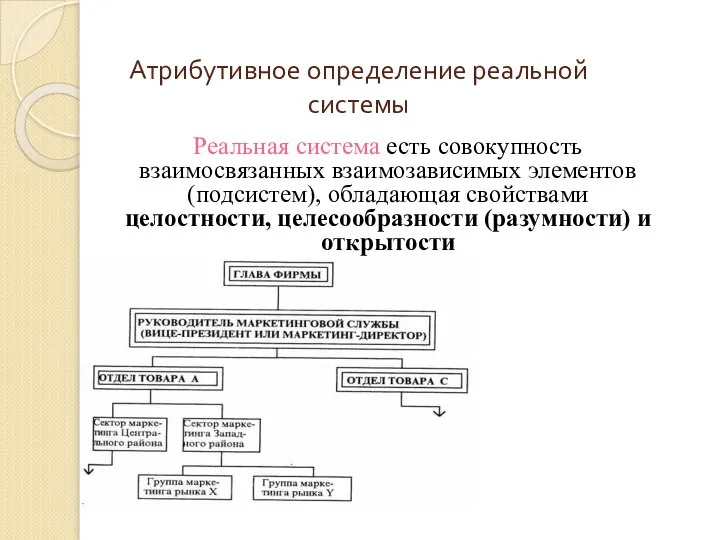 Атрибутивное определение реальной системы Реальная система есть совокупность взаимосвязанных взаимозависимых элементов (подсистем),