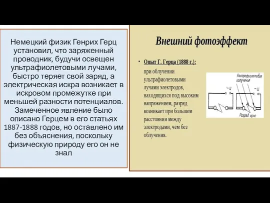 Немецкий физик Генрих Герц установил, что заряженный проводник, будучи освещен ультрафиолетовыми лучами,