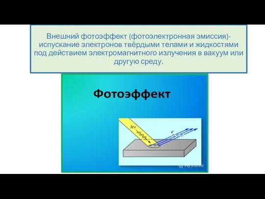 Внешний фотоэффект (фотоэлектронная эмиссия)-испускание электронов твёрдыми телами и жидкостями под действием электромагнитного