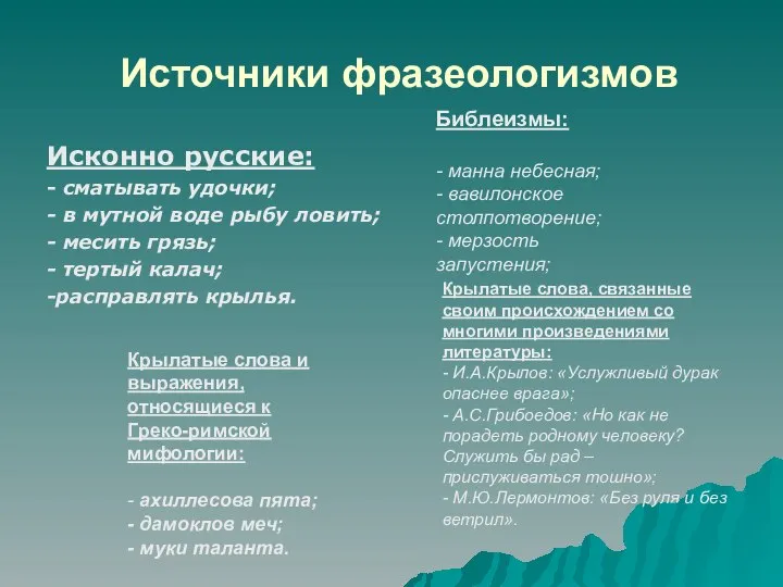 Источники фразеологизмов Исконно русские: - сматывать удочки; - в мутной воде рыбу