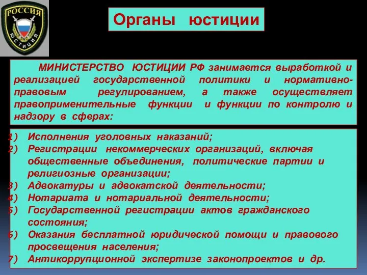 Органы юстиции МИНИСТЕРСТВО ЮСТИЦИИ РФ занимается выработкой и реализацией государственной политики и