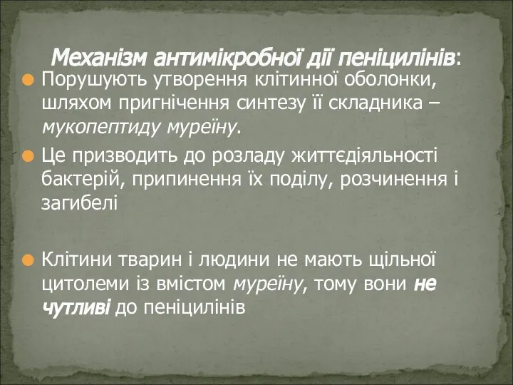 Порушують утворення клітинної оболонки, шляхом пригнічення синтезу її складника – мукопептиду муреїну.