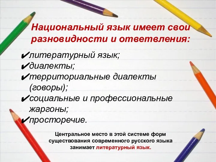 Национальный язык имеет свои разновидности и ответвления: литературный язык; диалекты; территориальные диалекты