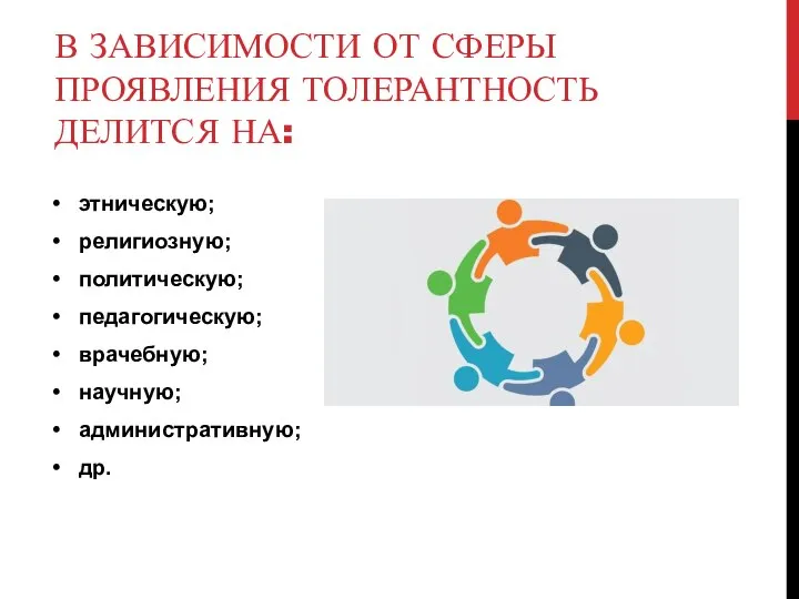 В ЗАВИСИМОСТИ ОТ СФЕРЫ ПРОЯВЛЕНИЯ ТОЛЕРАНТНОСТЬ ДЕЛИТСЯ НА: этническую; религиозную; политическую; педагогическую; врачебную; научную; административную; др.