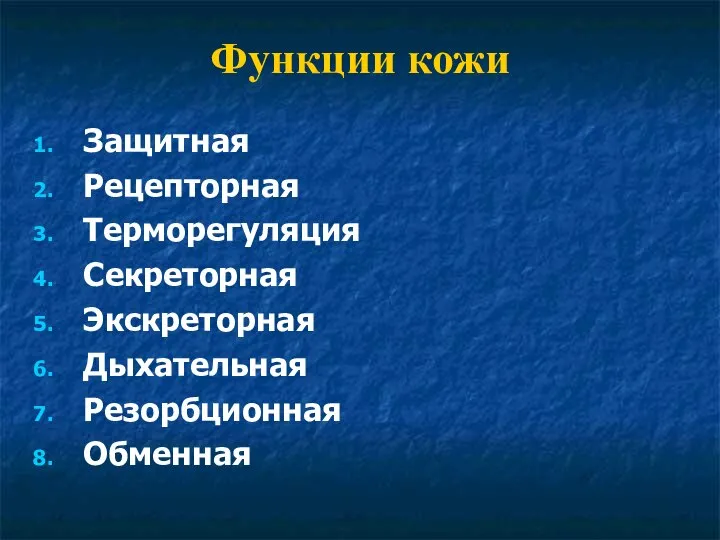 Функции кожи Защитная Рецепторная Терморегуляция Секреторная Экскреторная Дыхательная Резорбционная Обменная