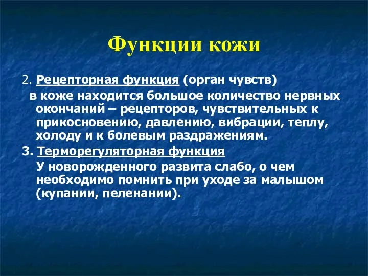 Функции кожи 2. Рецепторная функция (орган чувств) в коже находится большое количество