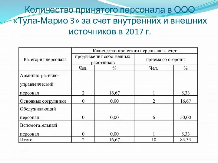 Количество принятого персонала в ООО «Тула-Марио 3» за счет внутренних и внешних источников в 2017 г.