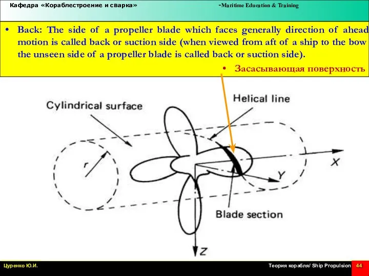 Back: The side of a propeller blade which faces generally direction of