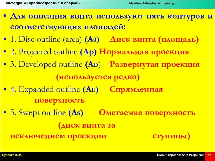 Для описания винта используют пять контуров и соответствующих площадей: 1. Disc outline