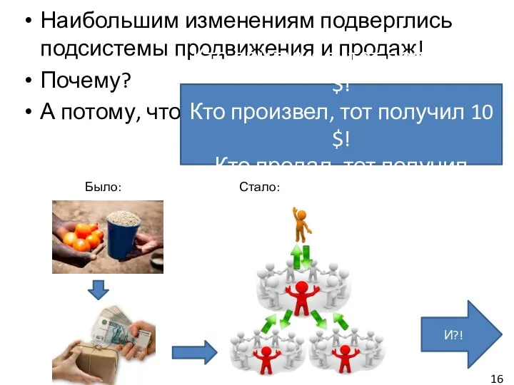 Наибольшим изменениям подверглись подсистемы продвижения и продаж! Почему? А потому, что: Кто