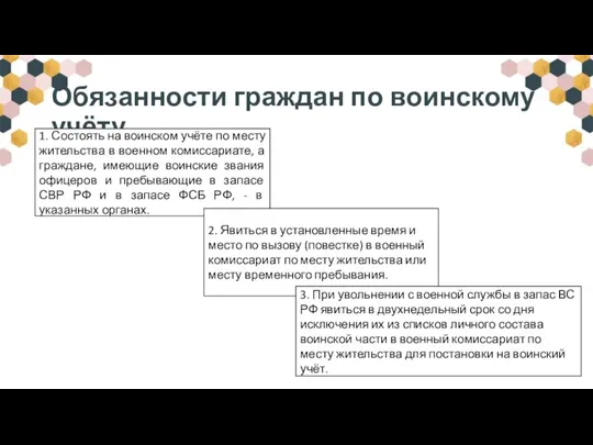 Обязанности граждан по воинскому учёту 1. Состоять на воинском учёте по месту