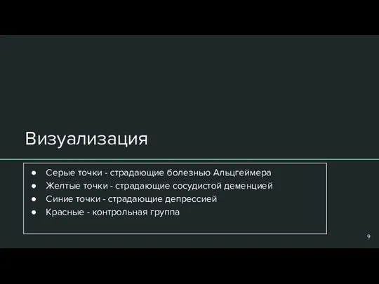 Визуализация Серые точки - страдающие болезнью Альцгеймера Желтые точки - страдающие сосудистой