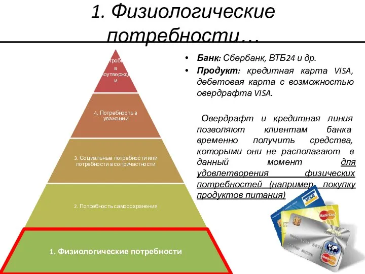 1. Физиологические потребности… Банк: Сбербанк, ВТБ24 и др. Продукт: кредитная карта VISA,