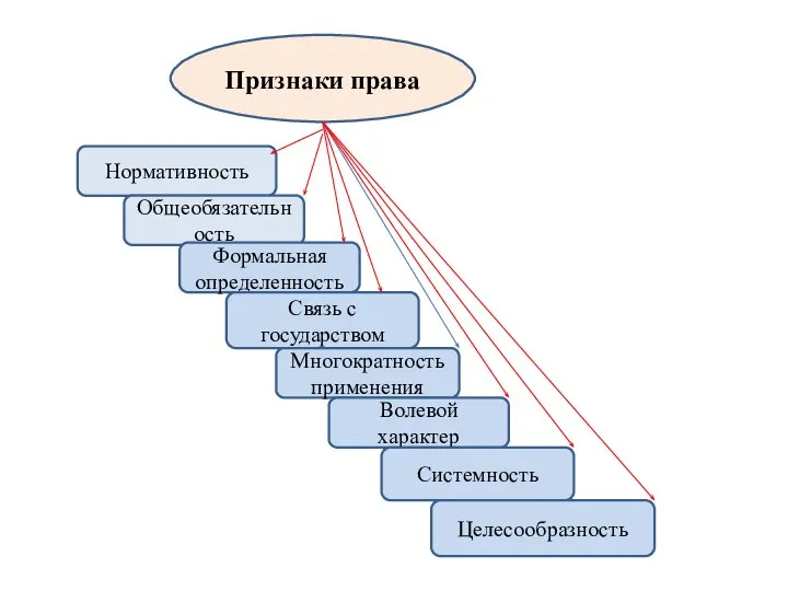 Признаки права Нормативность Общеобязательность Формальная определенность Связь с государством Многократность применения Волевой характер Системность Целесообразность