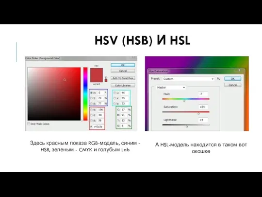 HSV (HSB) И HSL Здесь красным показа RGB-модель, синим - HSB, зеленым