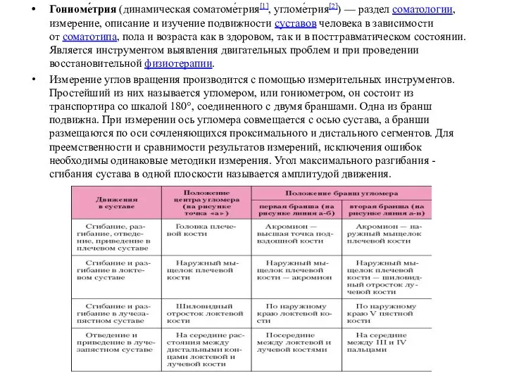 Гониоме́трия (динамическая соматоме́трия[1], угломе́трия[2]) — раздел соматологии, измерение, описание и изучение подвижности