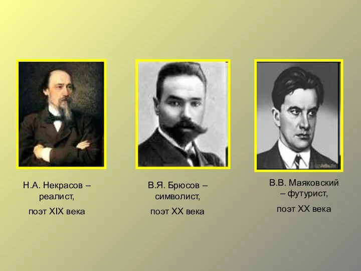 Н.А. Некрасов – реалист, поэт XIX века В.Я. Брюсов – символист, поэт