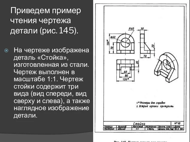 Приведем пример чтения чертежа детали (рис. 145). На чертеже изображена деталь «Стойка»,