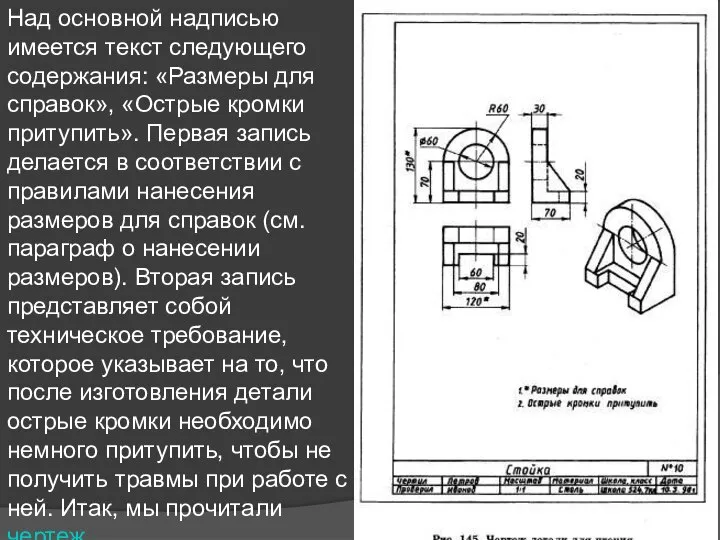 Над основной надписью имеется текст следующего содержания: «Размеры для справок», «Острые кромки