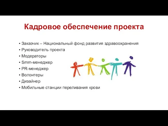 Кадровое обеспечение проекта Заказчик – Национальный фонд развития здравоохранения Руководитель проекта Модераторы