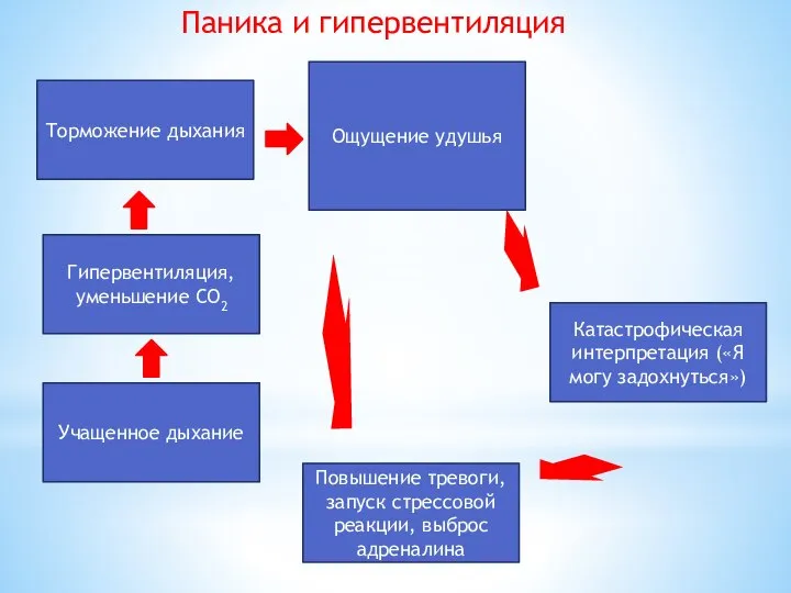 Паника и гипервентиляция Торможение дыхания Ощущение удушья Гипервентиляция, уменьшение СO2 Учащенное дыхание