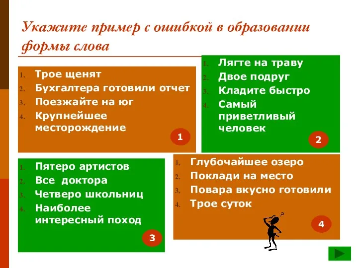 Укажите пример с ошибкой в образовании формы слова Трое щенят Бухгалтера готовили