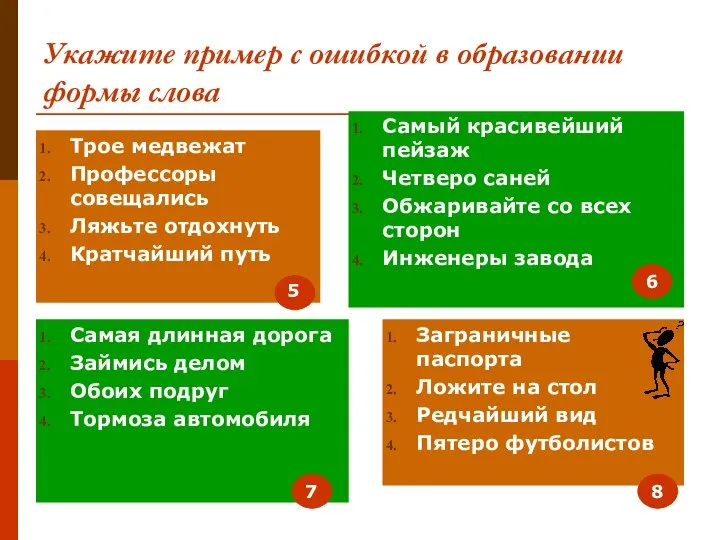 Укажите пример с ошибкой в образовании формы слова Трое медвежат Профессоры совещались