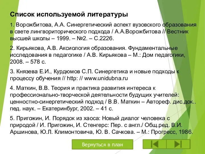 Список используемой литературы 1. Ворожбитова, А.А. Синергетический аспект вузовского образования в свете