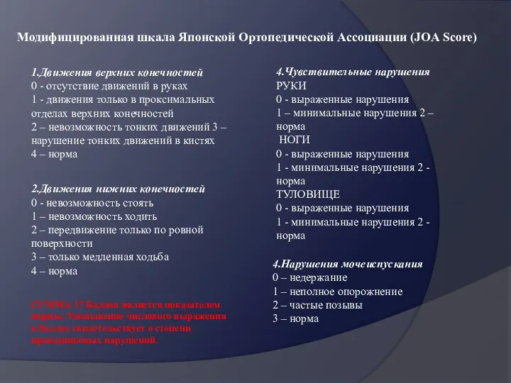 Модифицированная шкала Японской Ортопедической Ассоциации (JOA Score) 1.Движения верхних конечностей 0 -