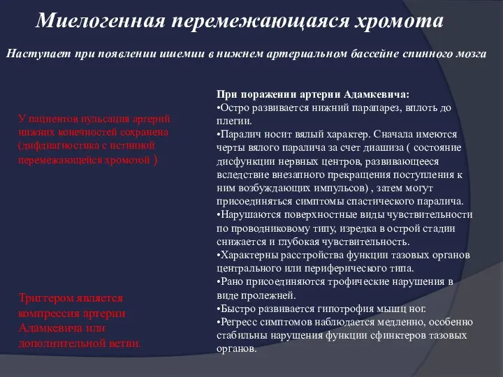 Миелогенная перемежающаяся хромота Наступает при появлении ишемии в нижнем артериальном бассейне спинного