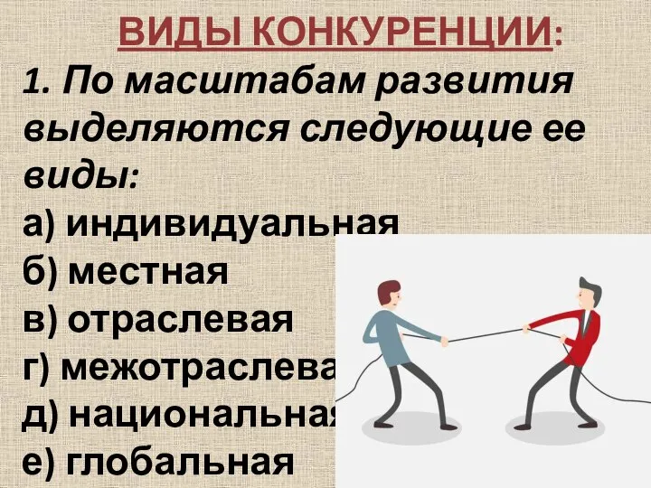 ВИДЫ КОНКУРЕНЦИИ: 1. По масштабам развития выделяются следующие ее виды: а) индивидуальная