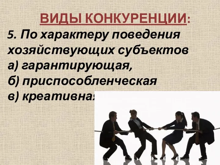 ВИДЫ КОНКУРЕНЦИИ: 5. По характеру поведения хозяйствующих субъектов а) гарантирующая, б) приспособленческая в) креативная