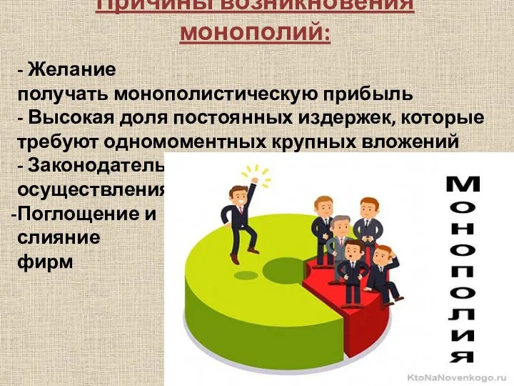 Причины возникновения монополий: - Желание получать монополистическую прибыль - Высокая доля постоянных