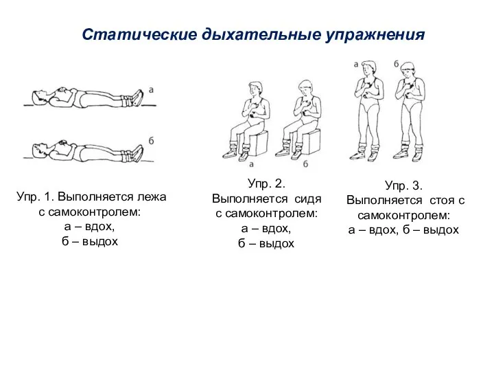 Статические дыхательные упражнения Упр. 1. Выполняется лежа с самоконтролем: а – вдох,