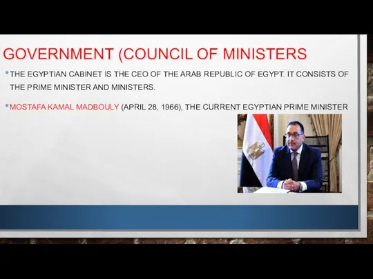 GOVERNMENT (COUNCIL OF MINISTERS THE EGYPTIAN CABINET IS THE CEO OF THE