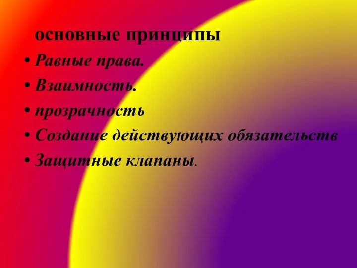 основные принципы Равные права. Взаимность. прозрачность Создание действующих обязательств Защитные клапаны.