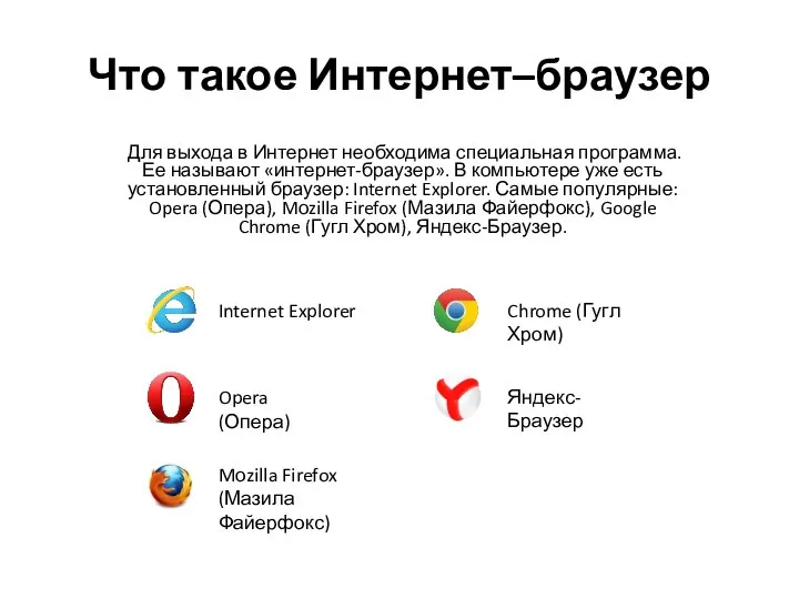 Что такое Интернет–браузер Для выхода в Интернет необходима специальная программа. Ее называют