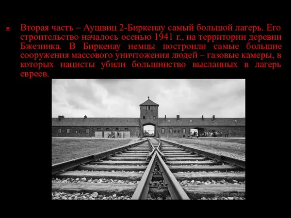 Вторая часть – Аушвиц 2-Биркенау самый большой лагерь. Его строительство началось осенью